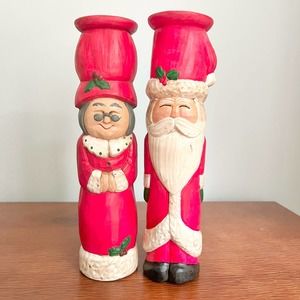 Handpainted Vintage Santa and Mrs Claus Ceramic Candle Holders Tall